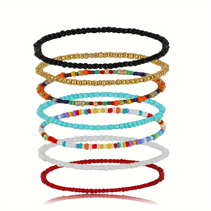 7pcs Colorful Glass Rice Bead Anklet Set for Women